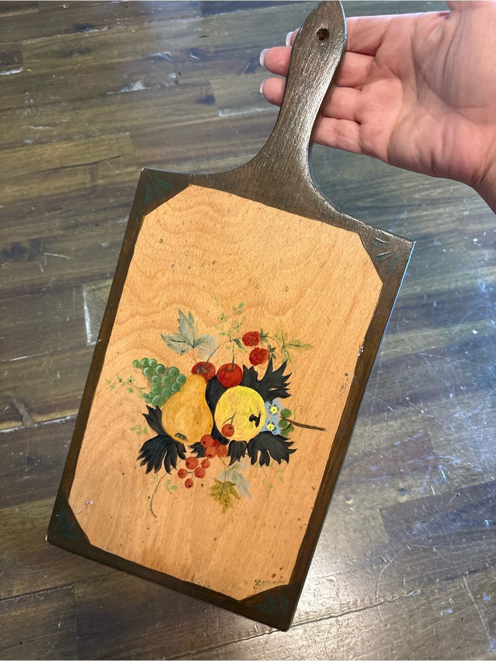 Vintage Hand-painted Fruit Cutting Board Wood Country Cottage Grandma Signed